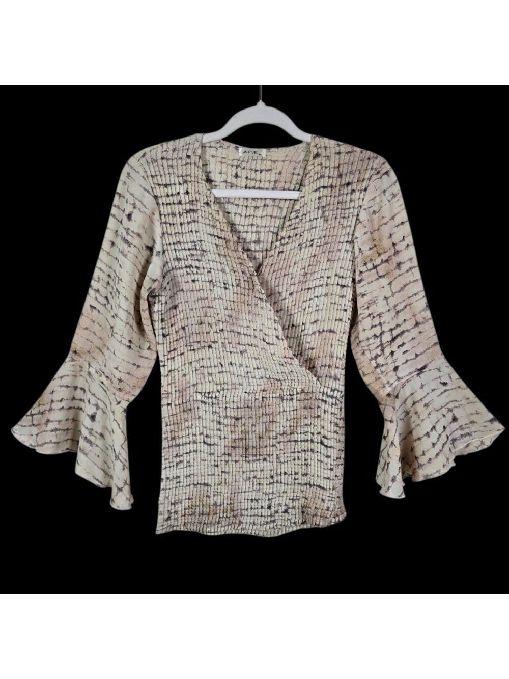 Y2K Jaipur Women Beige Crinkle Texture Abstract Boho Stretchy Bell Sleeve Top XL